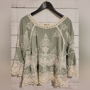 Democracy Women Medium Blouse Olive Green Embroidered Top Lightweight